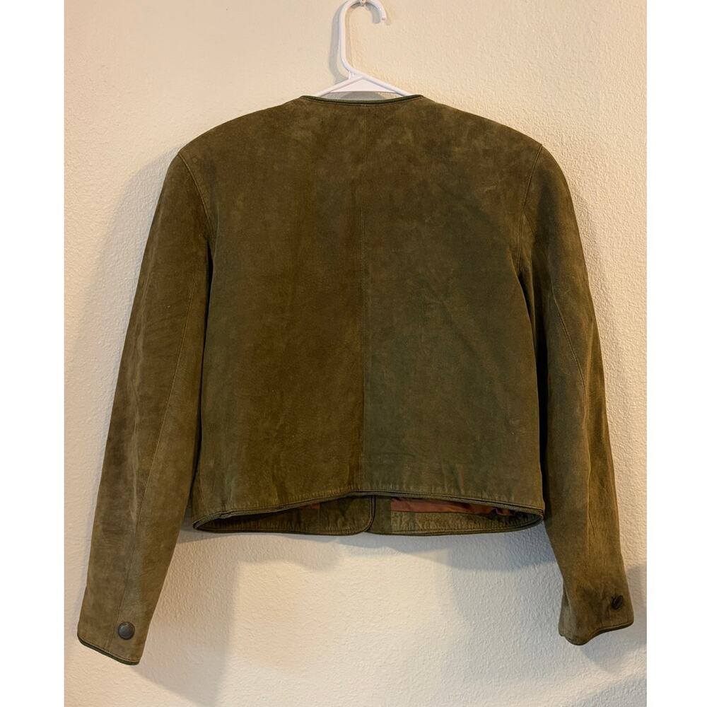 Lord & Taylor Vintage Suede Leather Jacket Women Olive Green Cropped Collarless - Picture 2 of 5